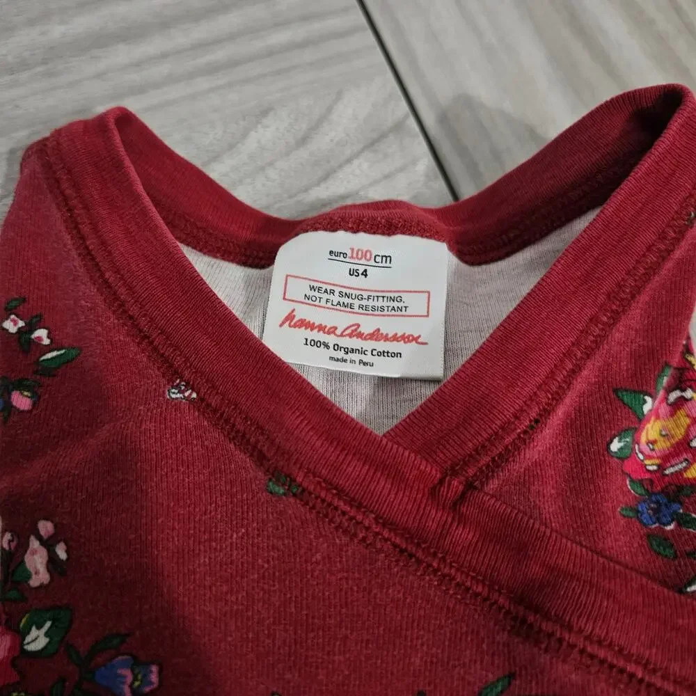 Hanna Andersson Pajama Set Red Floral Bouquets Flowers Long Sleeve Girls